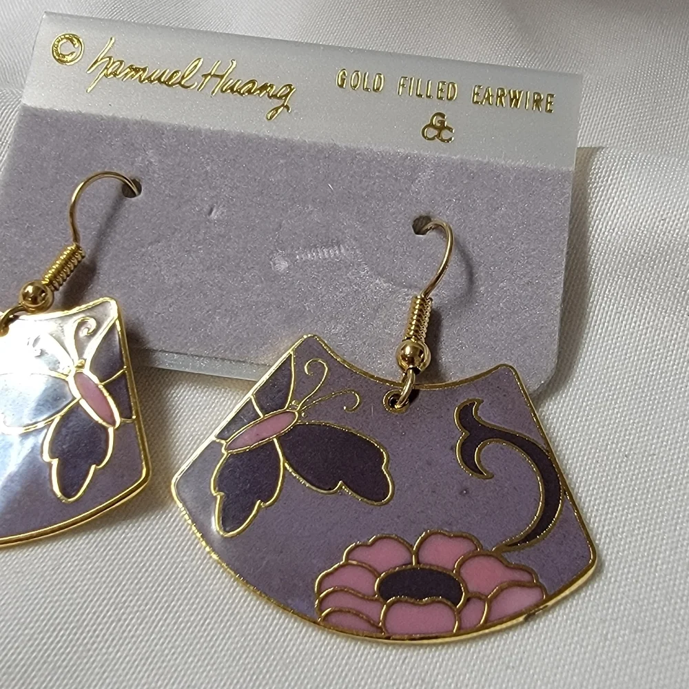 Vintage Samuel Huang Cloisonne Gold Filled Earrings Butterfly and flower
